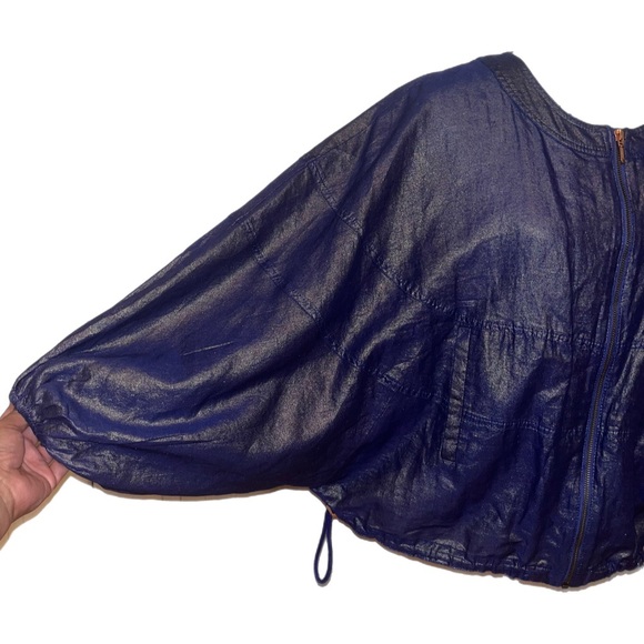 Anthropologie Elevenses Raquel Blue Bubble Jacket Batwing Linen Blend Size M/L - Picture 7 of 13